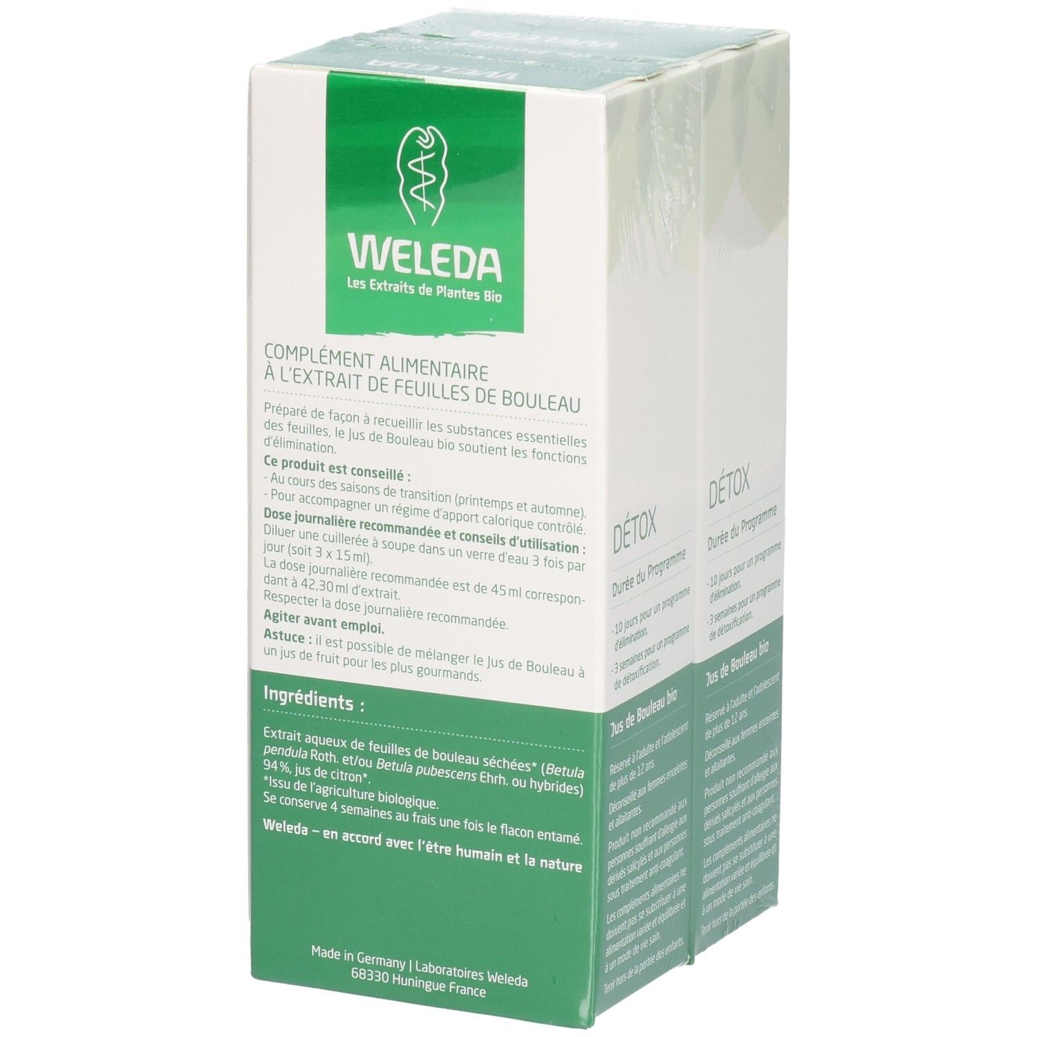 Dos de l'emballage WELEDA. Texte avec ingrédients et instructions d'utilisation. Pack Duo.