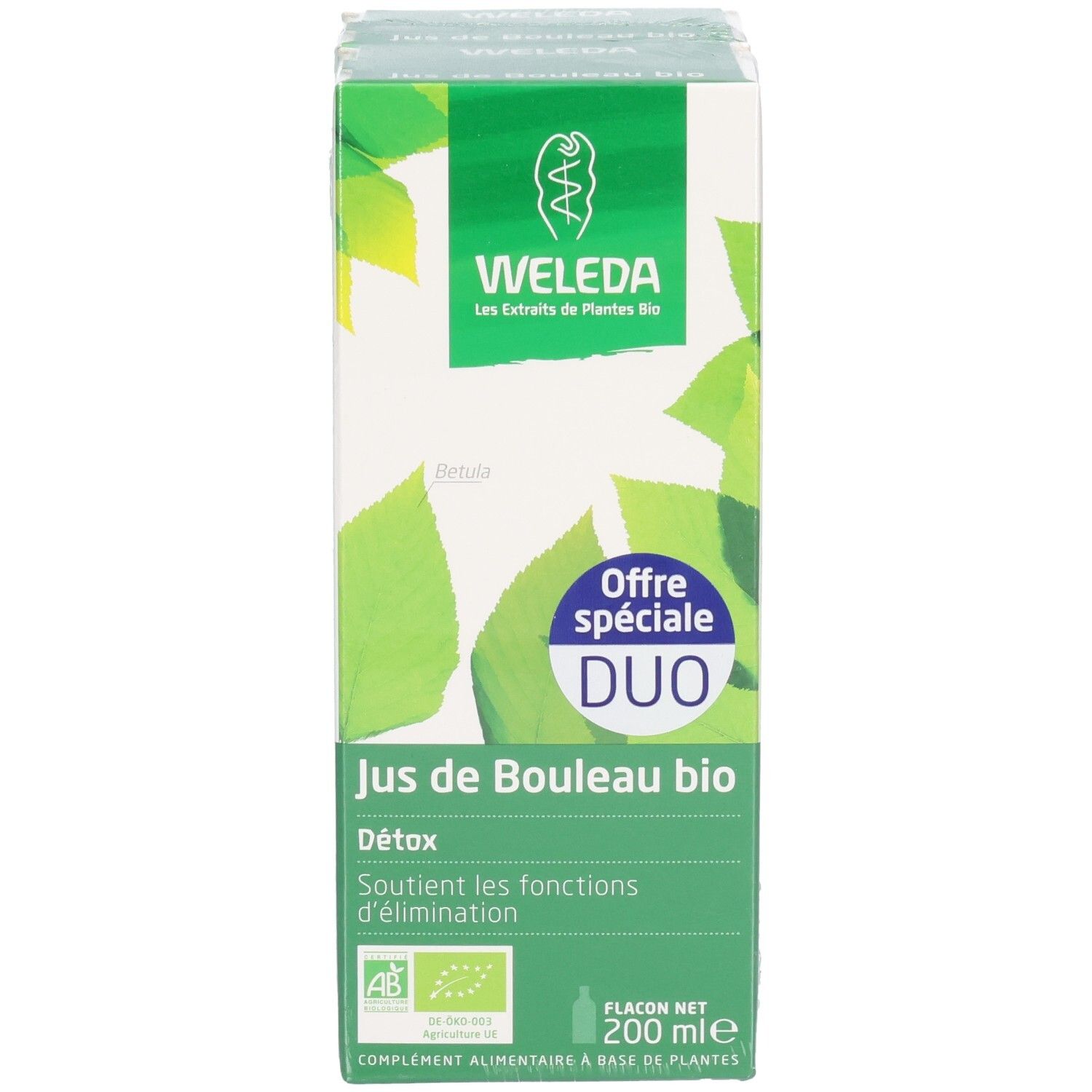 Pack Duo WELEDA. Boîte verte avec nom du produit et feuilles. Label bio. Flacon de 200 ml.