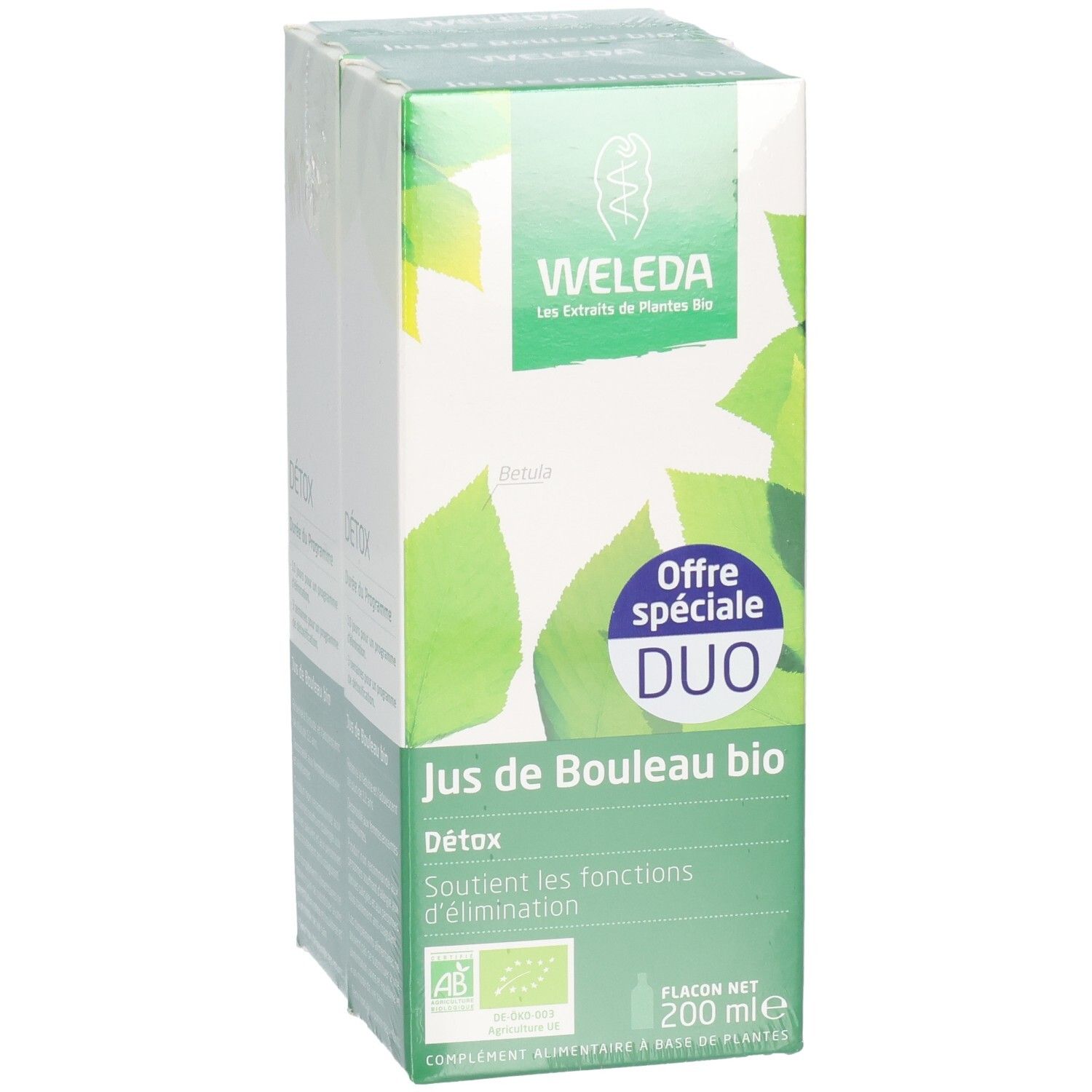 Pack Duo WELEDA. Boîte verte avec nom du produit et feuilles. Label bio. Flacon de 200 ml.
