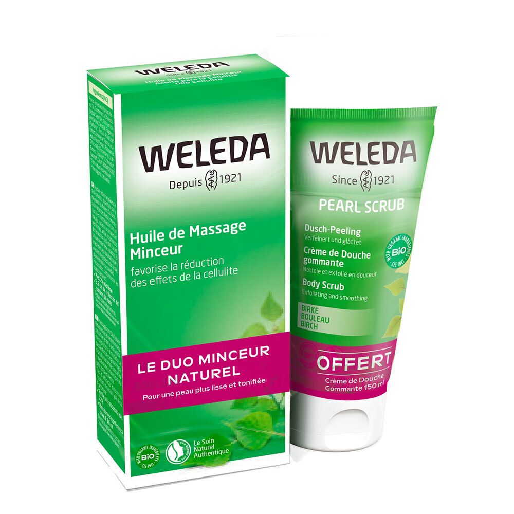 Boîte et tube verts. Inscriptions WELEDA. Noms de produits et texte en français. Offre : Crème de Douche gommante offerte.