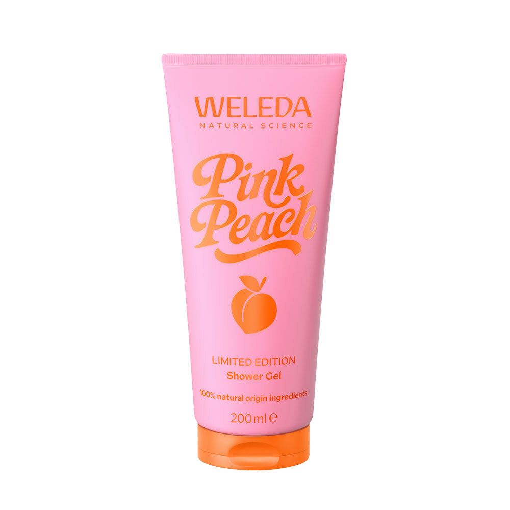 Tube rose avec texte Pink Peach et logo pêche. Bouchon orange. Limited Edition Shower Gel.