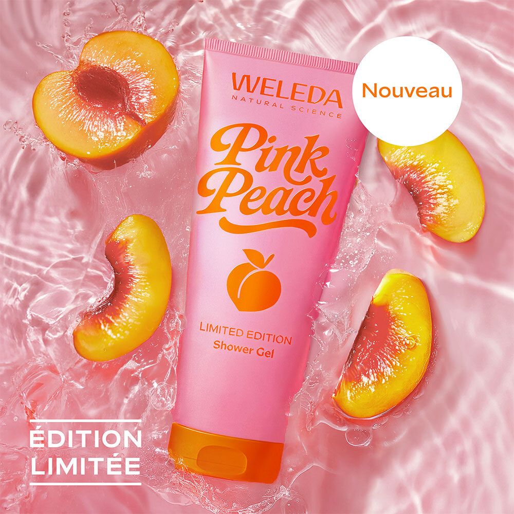 Tube rose Pink Peach et logo pêche dans l'eau avec morceaux de pêche. Label Nouveau.