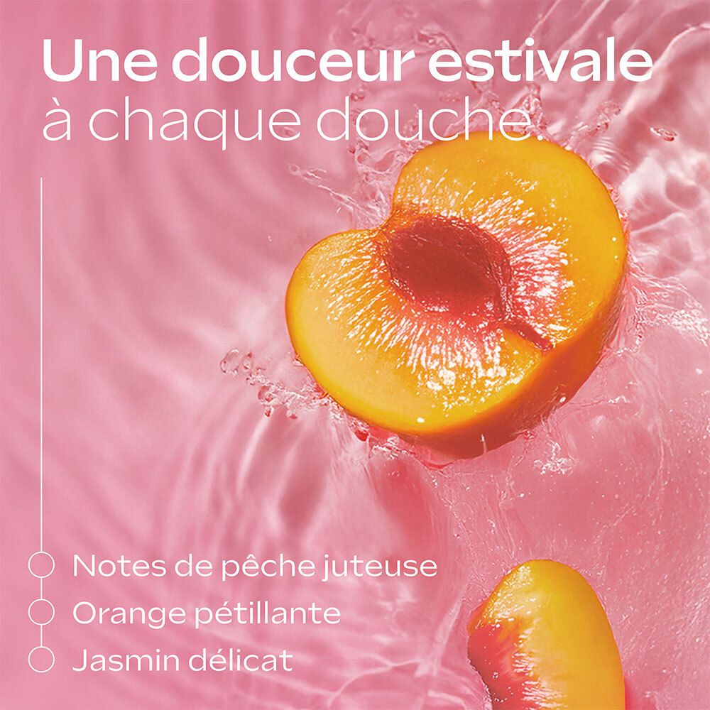 Moitié de pêche dans l'eau. Texte: Une douceur estivale à chaque douche. Notes de pêche juteuse, orange pétillante, jasmin délicat.