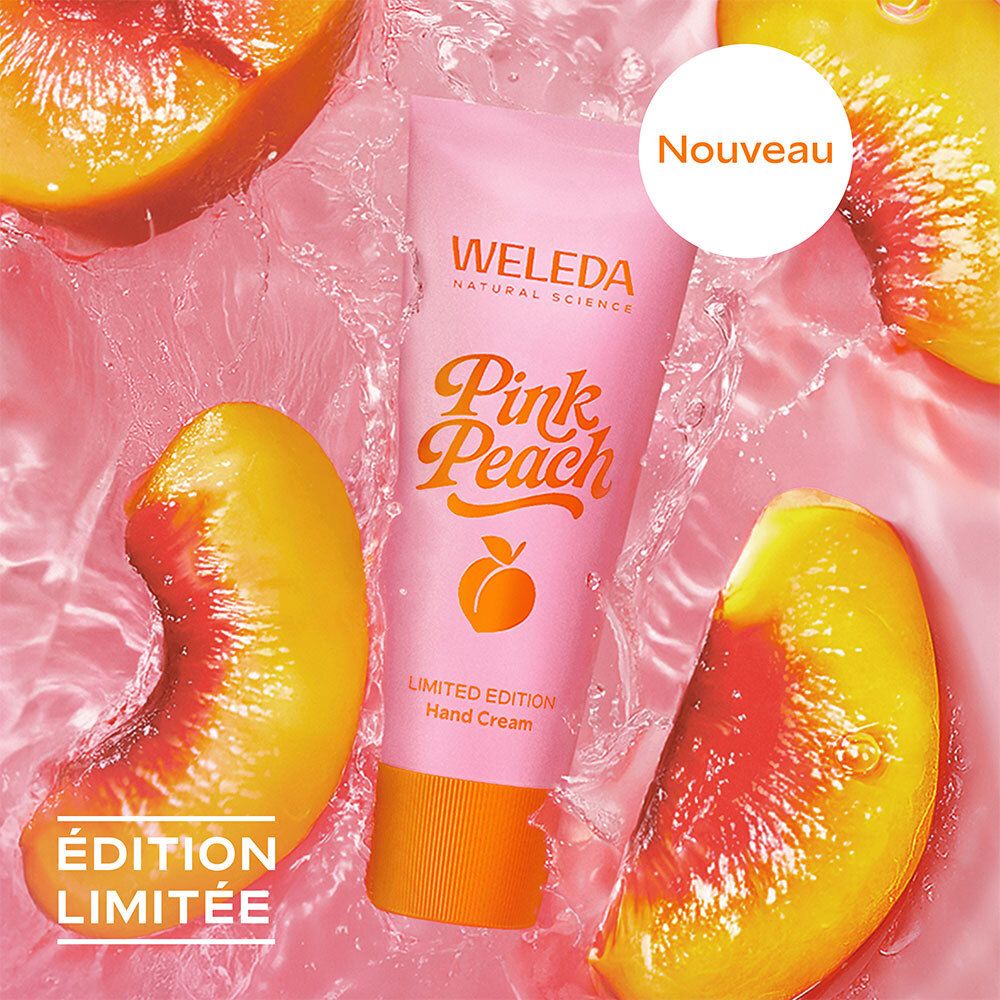 Tube rose avec morceaux de pêche dans l'eau. Inscription : Pink Peach, Édition Limitée.