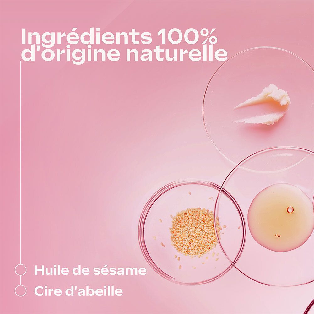 Ingrédients dans des bols. Texte : 100% d'origine naturelle. Huile de sésame, cire d'abeille.