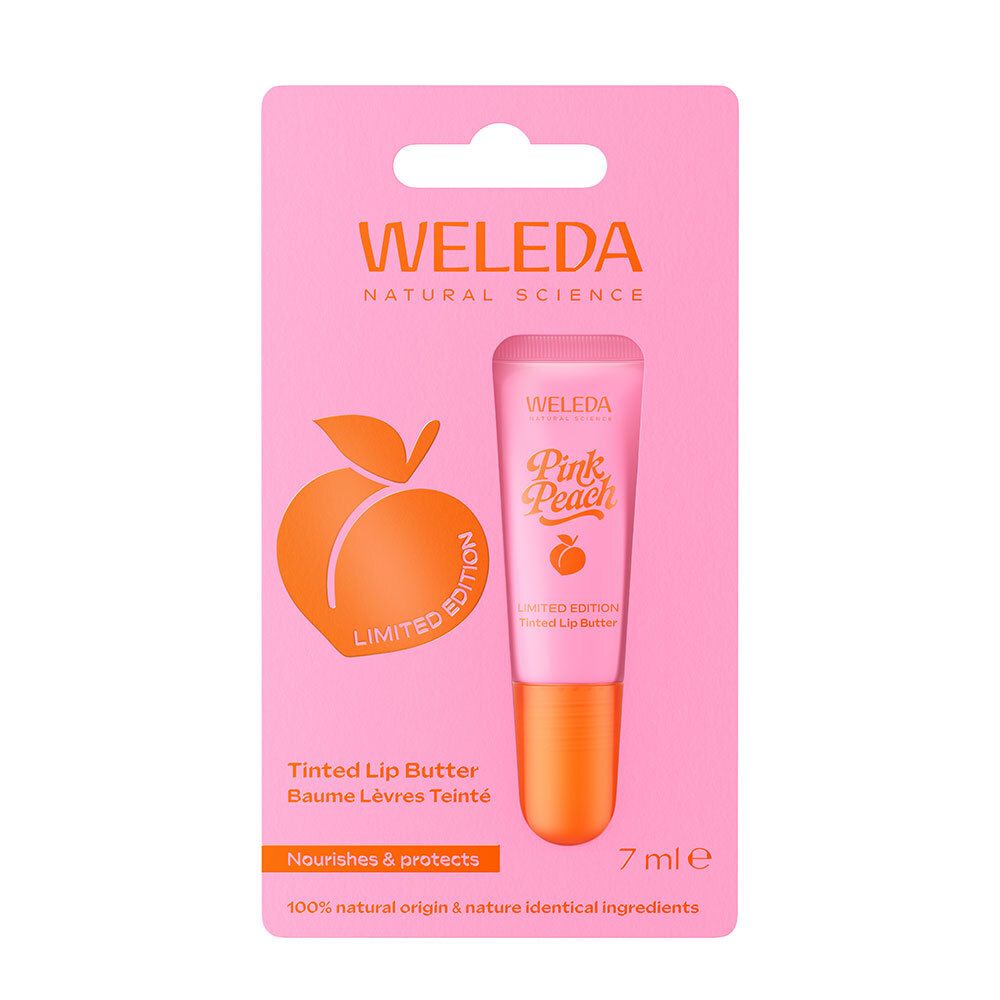 Emballage rose avec baume à lèvres. Logo WELEDA, texte Pink Peach, illustration de pêche. 7 ml.