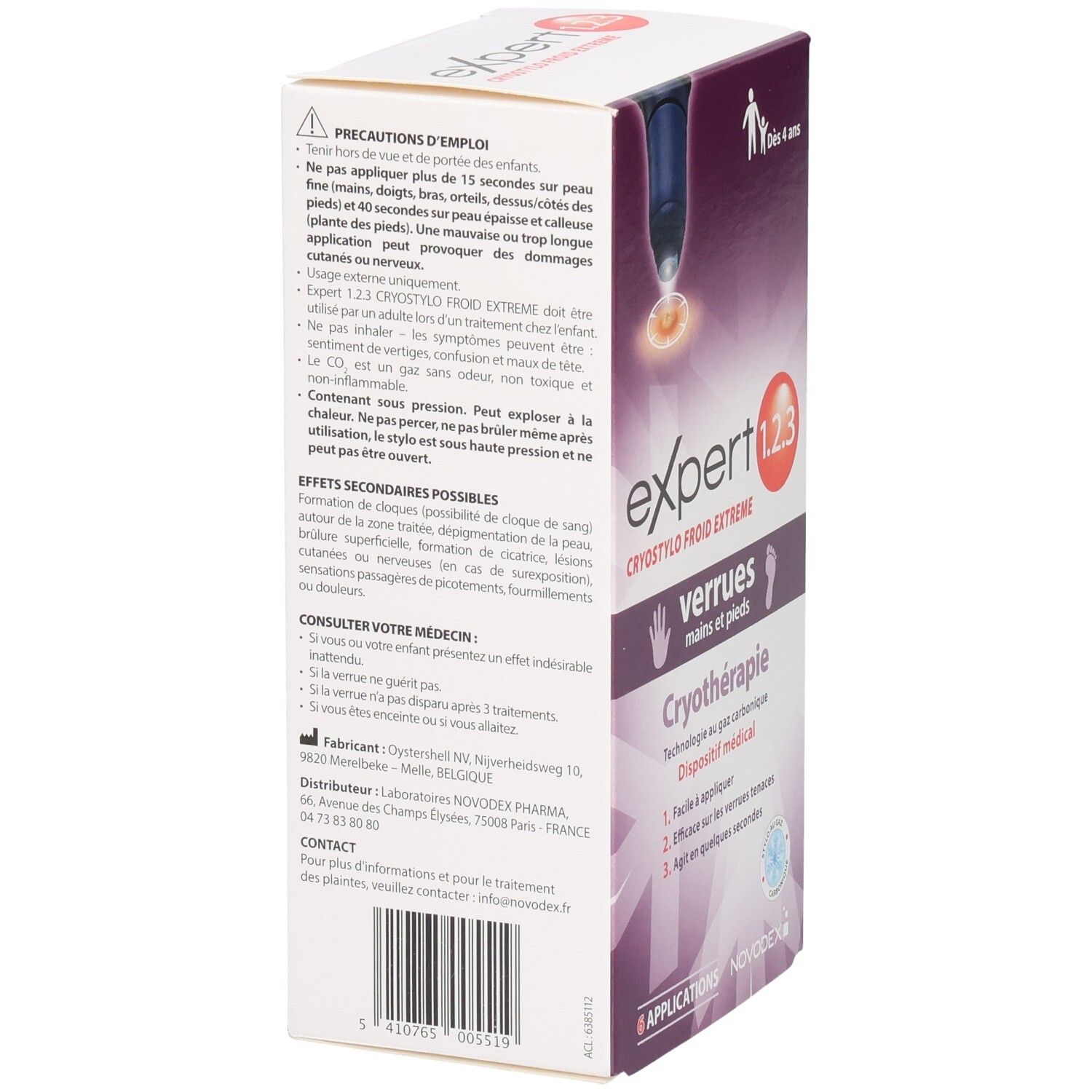 Arrière de la boîte pour Cryostylo Verrues Mains et Pieds, avec instructions et avertissements.
