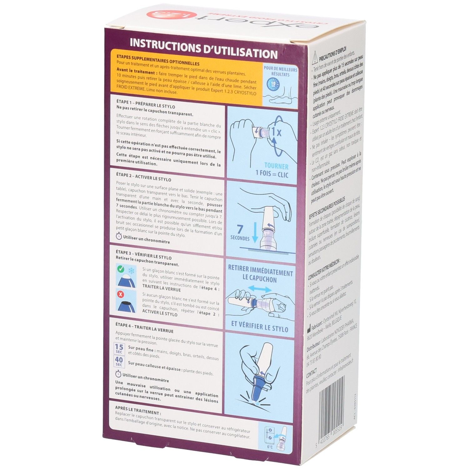 Vue latérale de la boîte pour Cryostylo Verrues Mains et Pieds, avec étapes d'utilisation détaillées.