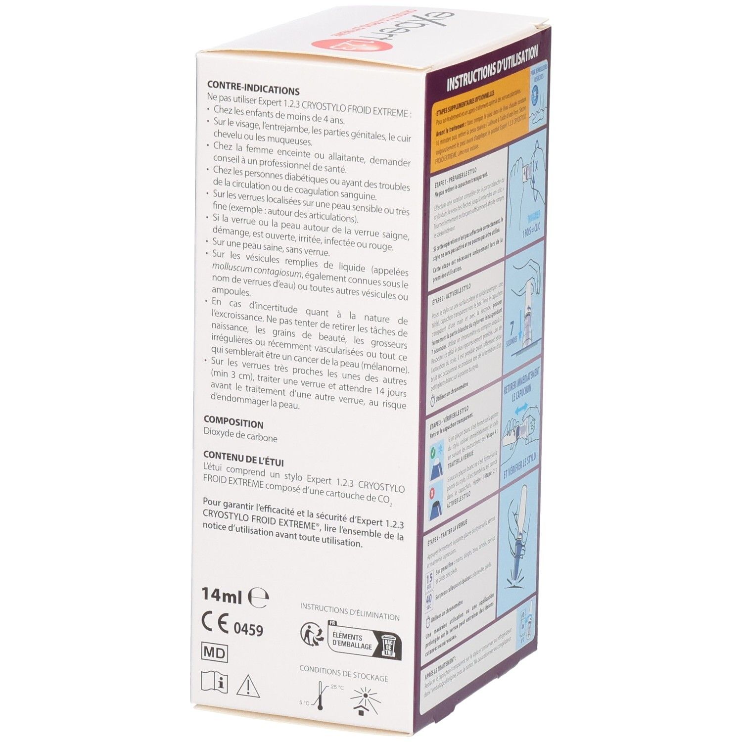 Vue latérale de la boîte pour Cryostylo Verrues Mains et Pieds, avec contre-indications et composition.
