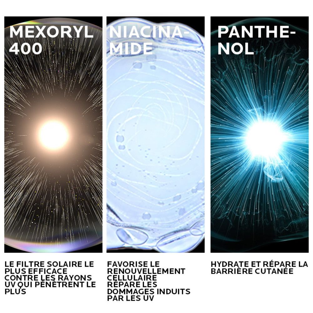Trois illustrations d'ingrédients: Mexoryl 400, Niacinamide, Panthénol. Textes décrivent leurs effets sur la peau.