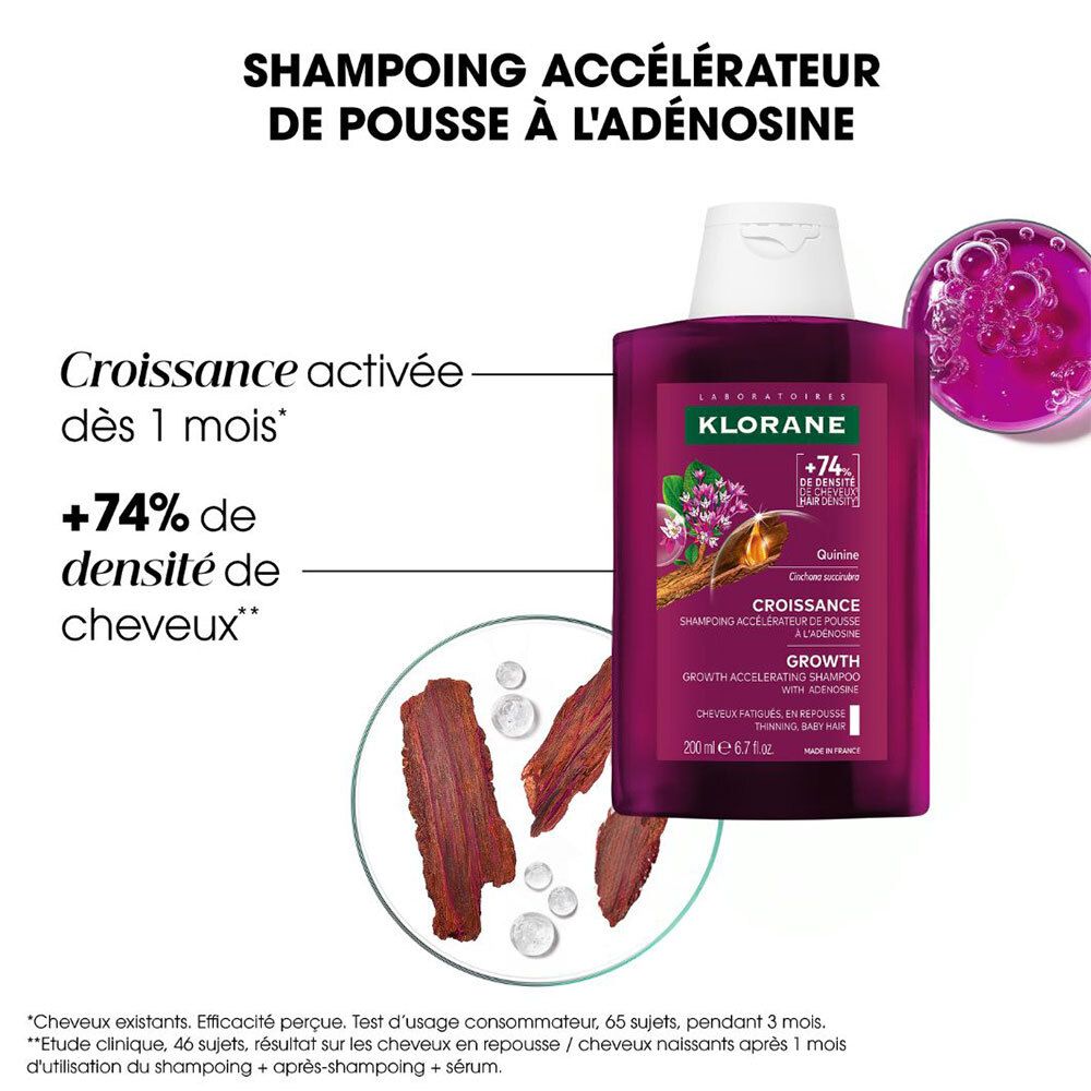 Flacon de shampooing Klorane Croissance et ingrédients. Flacon violet avec bouchon blanc. Éléments supplémentaires : sérum, morceaux de bois.
