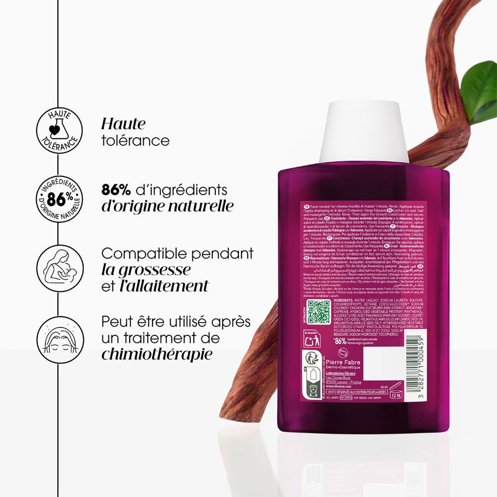 Dos du flacon de shampooing Klorane Croissance. Flacon violet avec bouchon blanc. Texte : 86% ingrédients naturels. Convient à la grossesse.