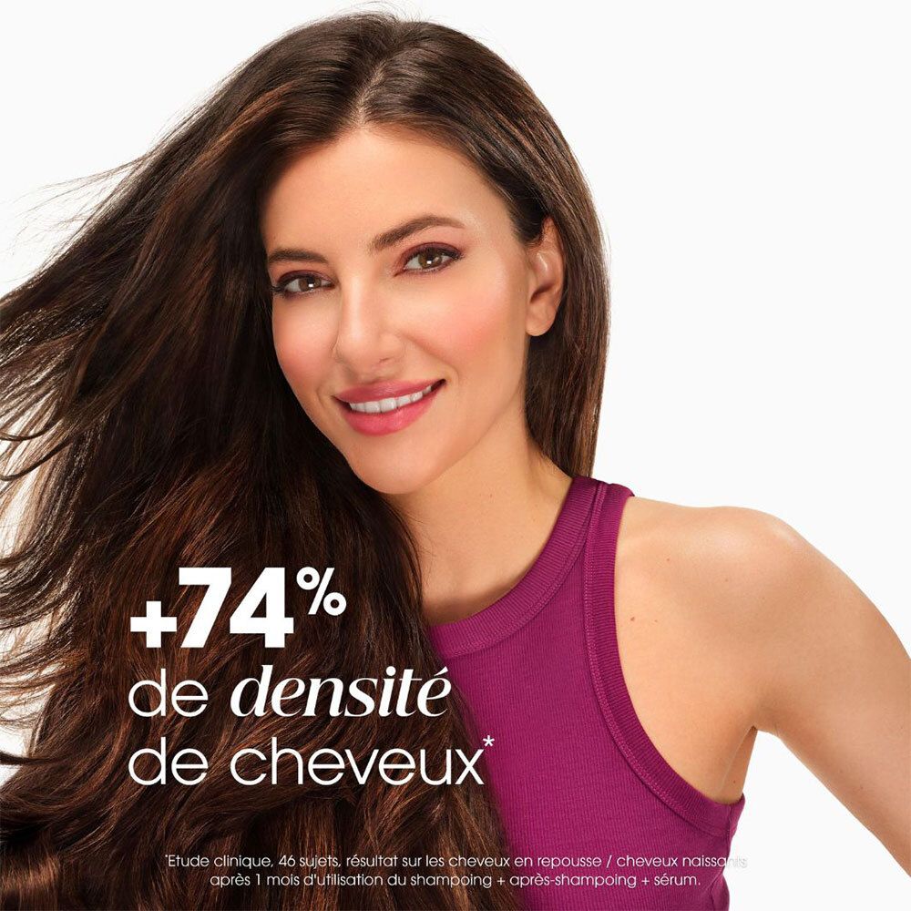 Femme aux cheveux longs et bruns. Texte : +74% de densité de cheveux. Étude : 46 sujets, résultats après 1 mois.