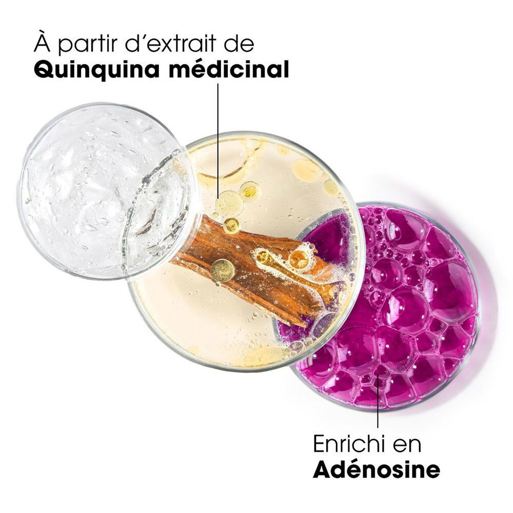 Trois coupelles avec ingrédients. Texte : À partir d'extrait de Quinquina médicinal. Enrichi en Adénosine.