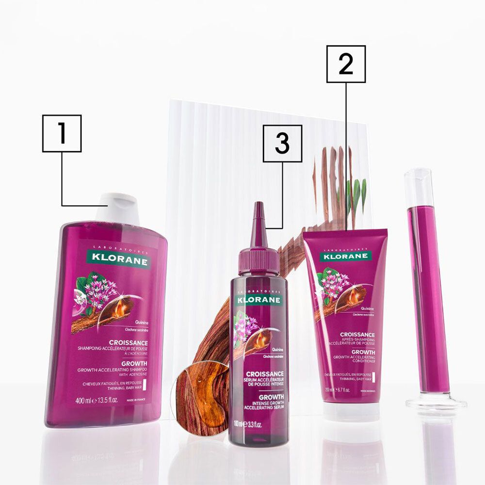 Produits Klorane Croissance : shampooing, sérum et crème. Tous les produits ont le même design et la même couleur.