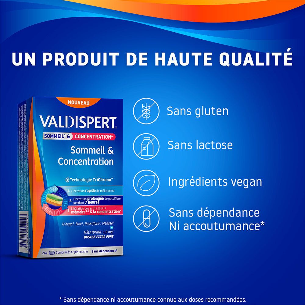Boîte bleue et orange VALDISPERT SOMMEIL & CONCENTRATION. Sans gluten, lactose, ingrédients vegan, sans dépendance.