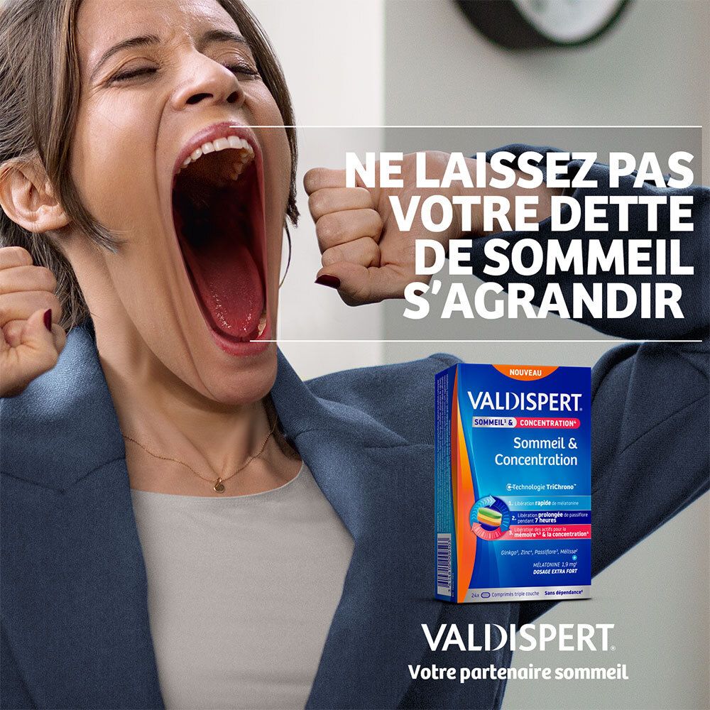 Femme bâillant. Texte en français : « Ne laissez pas votre dette de sommeil s'agrandir ». Boîte VALDISPERT.