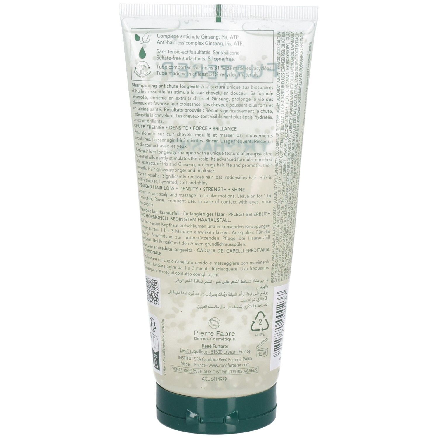 Dos du tube. Texte multilingue. Bouchon vert. Logo et informations du fabricant.