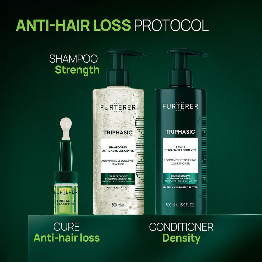 Gamme de produits: shampooing, après-shampooing et cure. Texte: Protocole anti-chute. Fond vert.