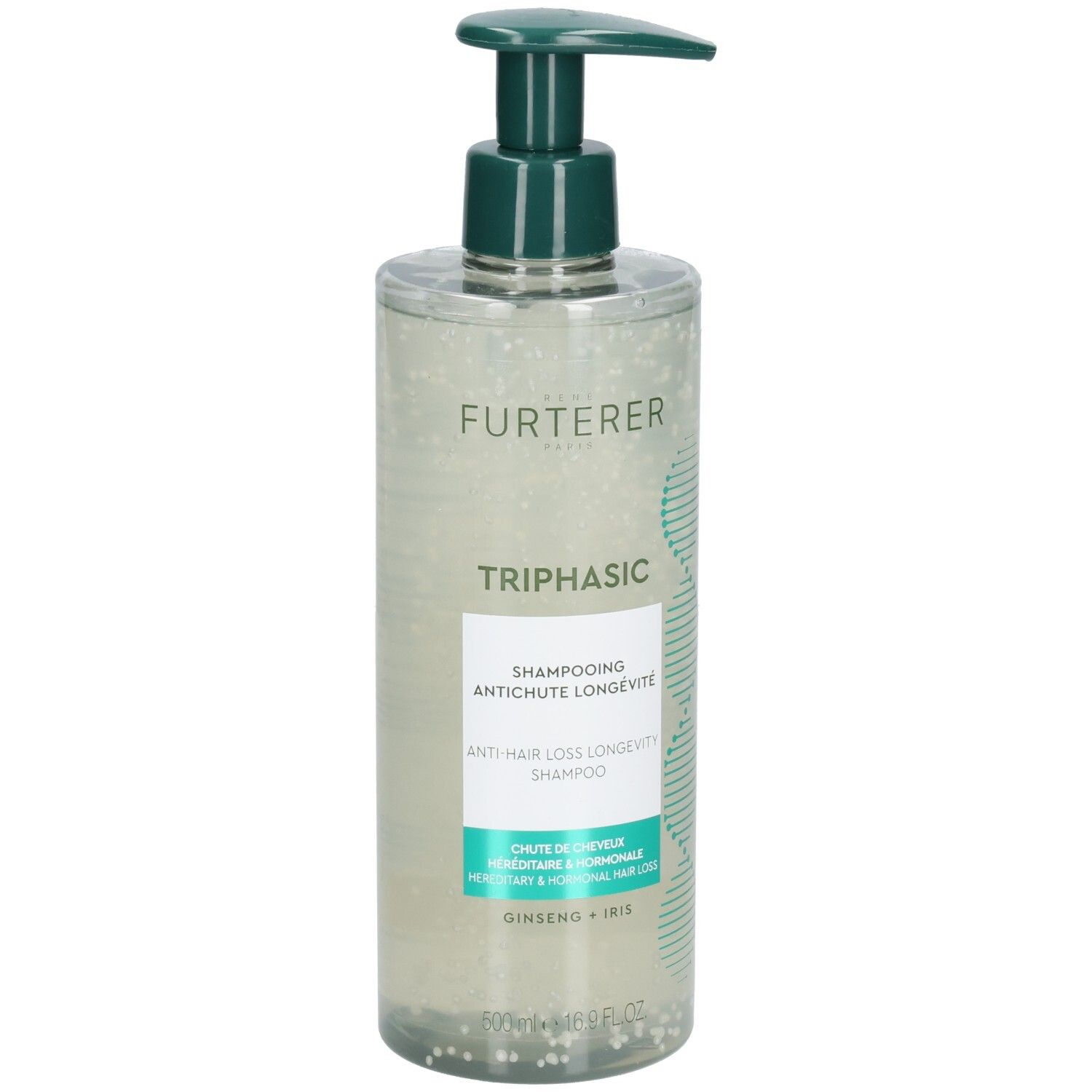 Flacon transparent avec pompe verte. Inscription FURTERER TRIPHASIC. Texte: Shampooing antichute longévité. Ginseng + Iris.