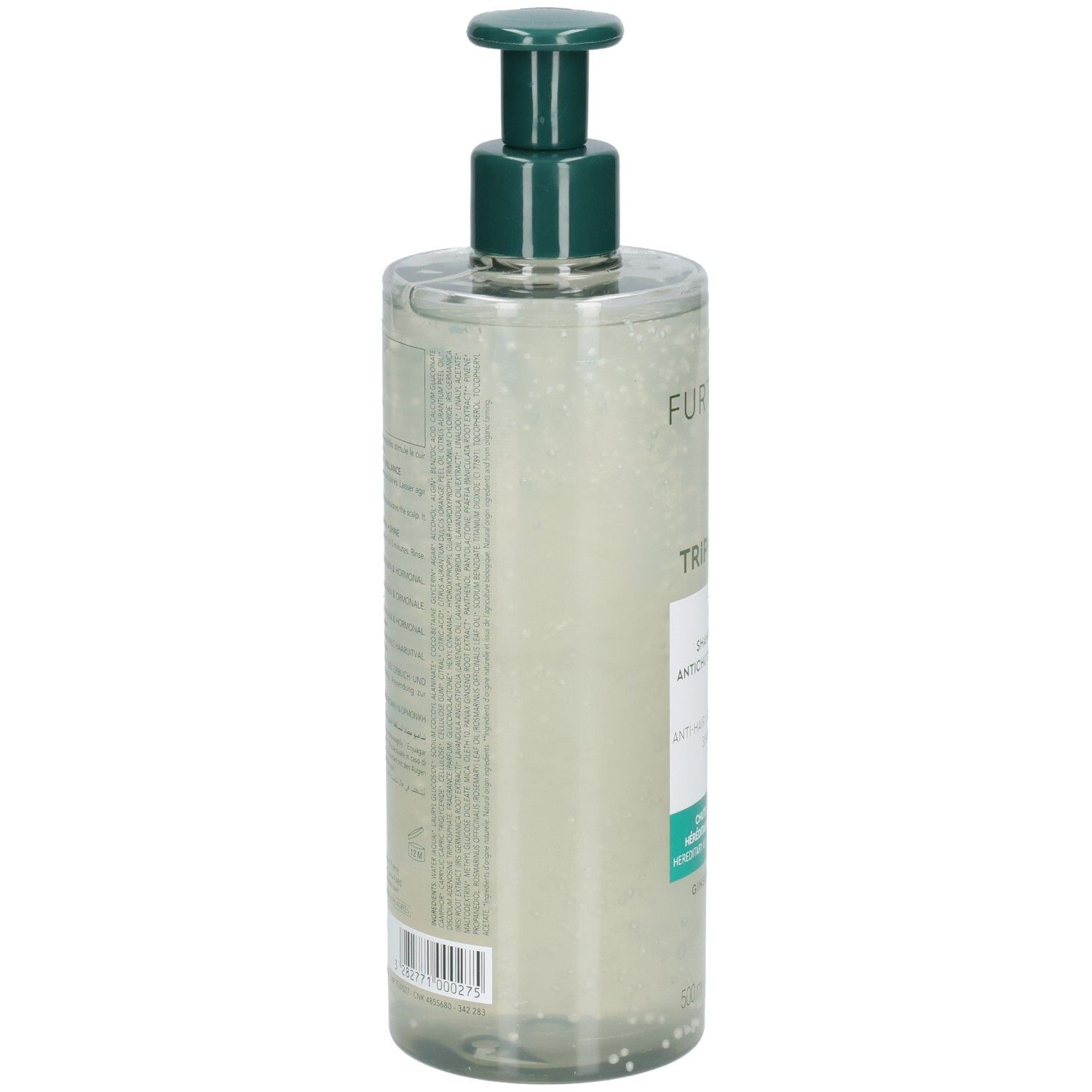 Flacon transparent avec pompe verte. Dos avec texte. Étiquette avec informations produit et code-barres.