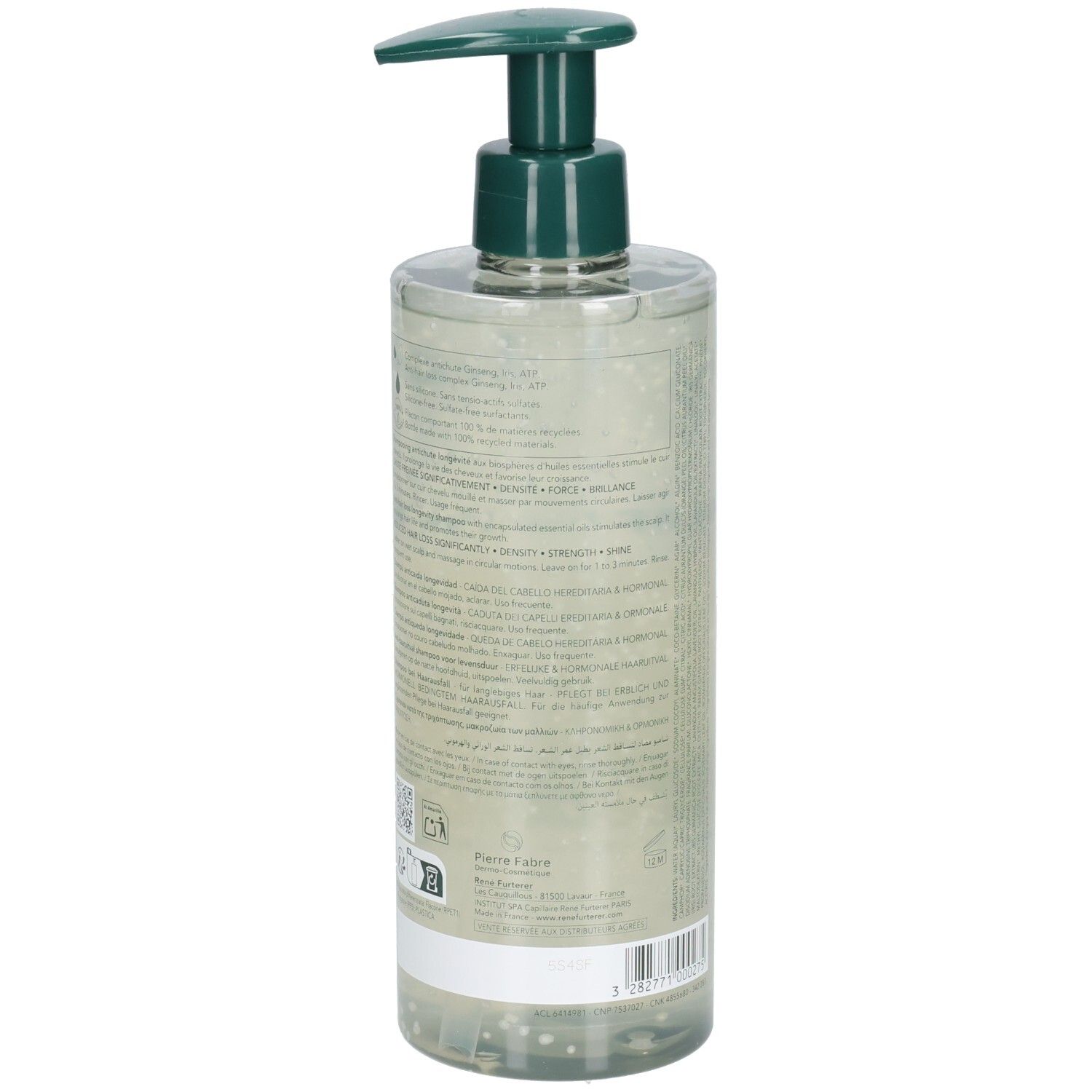 Flacon transparent avec pompe verte. Dos avec texte. Étiquette avec informations produit et code-barres.