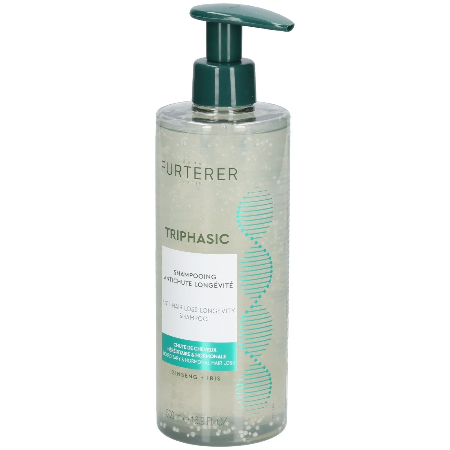 Flacon transparent avec pompe verte. Inscription FURTERER TRIPHASIC. Texte: Shampooing antichute longévité. Ginseng + Iris.