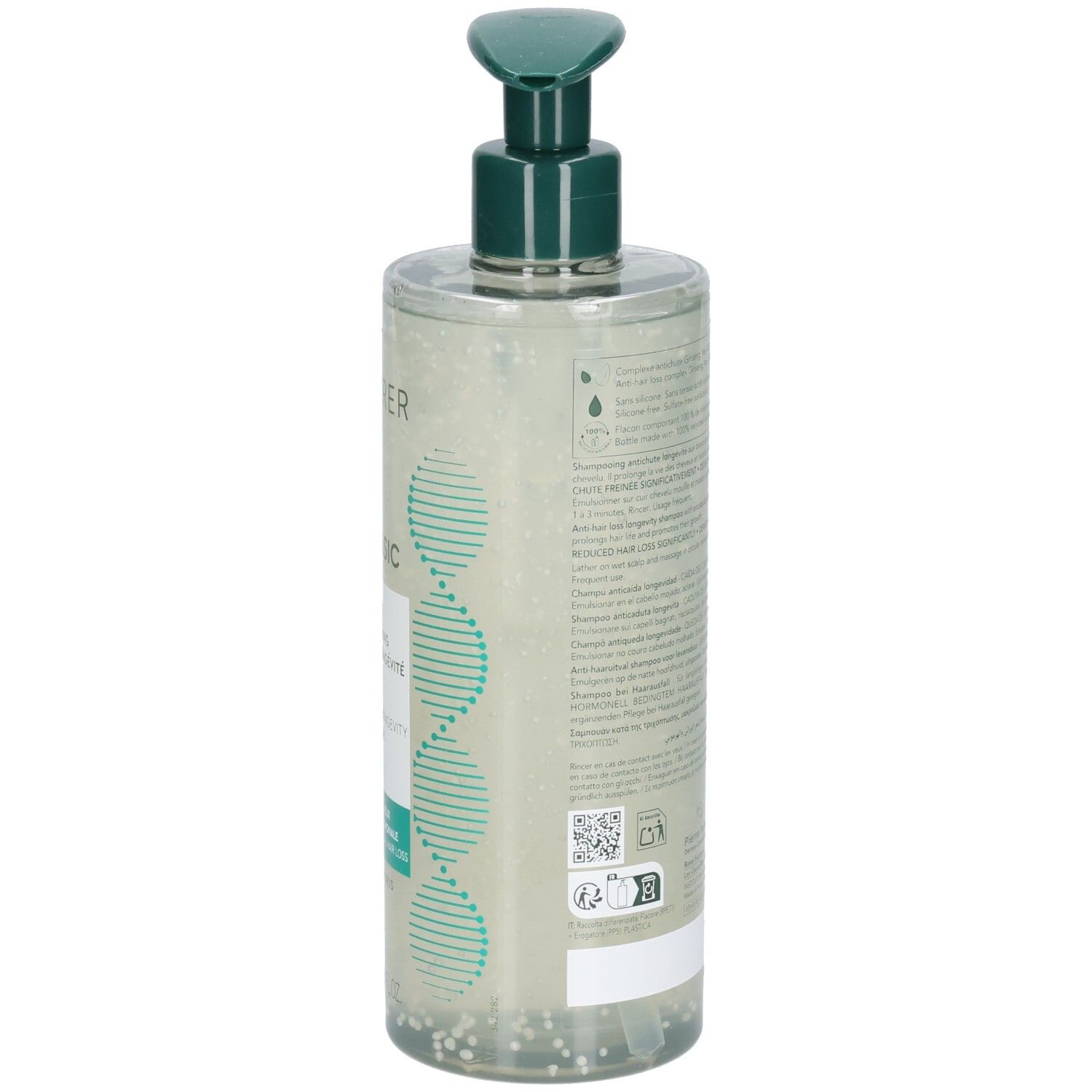 Flacon transparent avec pompe verte. Dos avec texte. Étiquette avec informations produit et code-barres.