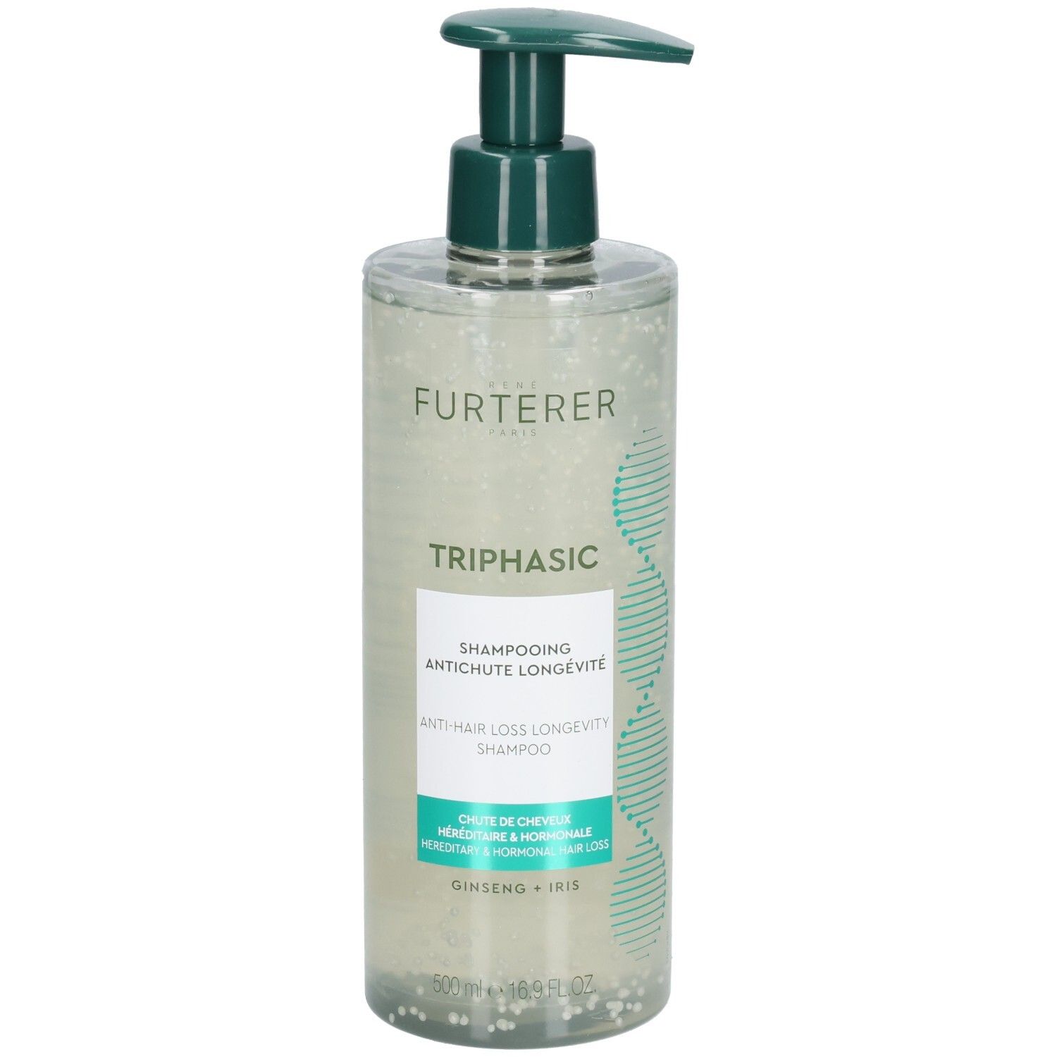 Flacon transparent avec pompe verte. Inscription FURTERER TRIPHASIC. Texte: Shampooing antichute longévité. Ginseng + Iris.