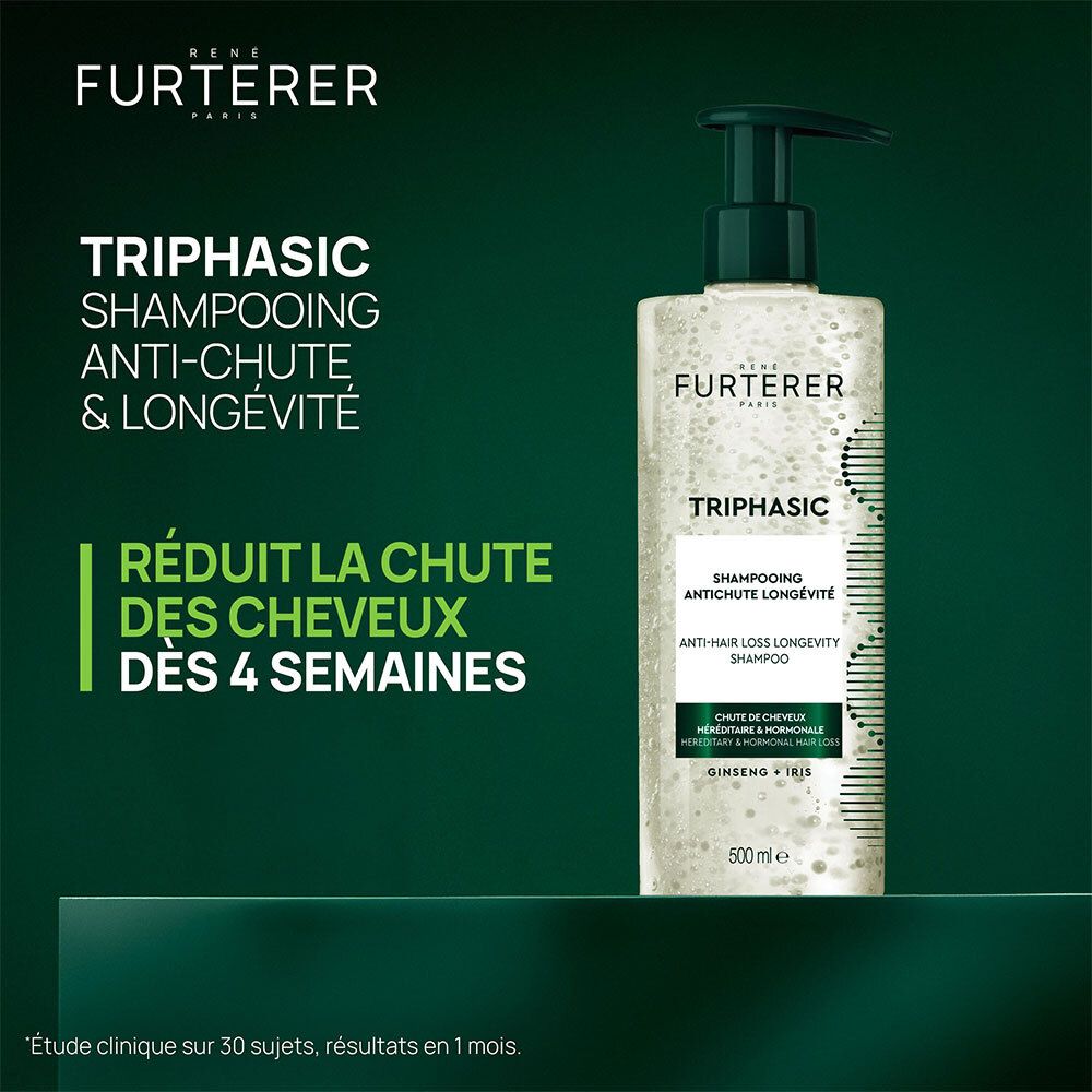 Publicité avec flacon de shampooing. Nom du produit et texte sur fond vert. Réduit la chute des cheveux en 4 semaines.