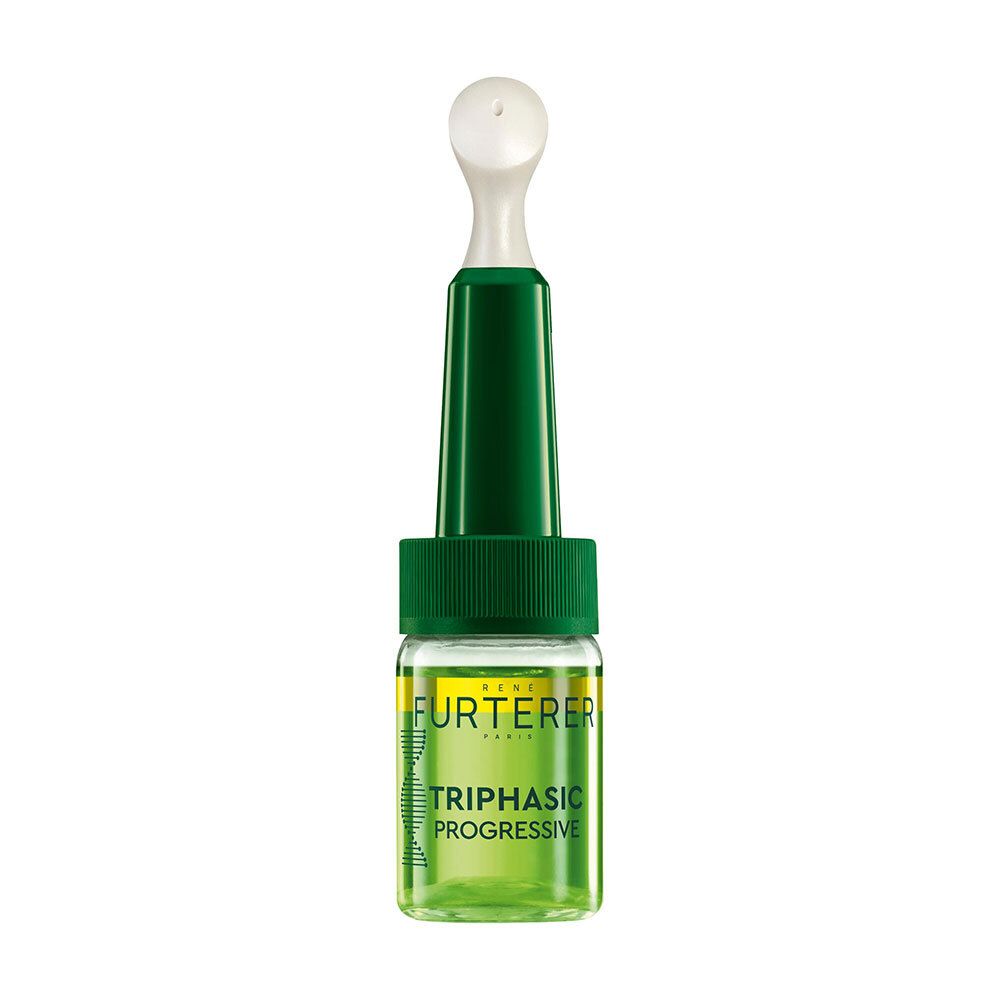 Ampoule verte avec applicateur blanc. Inscription: Furterer, Triphasic Progressive.