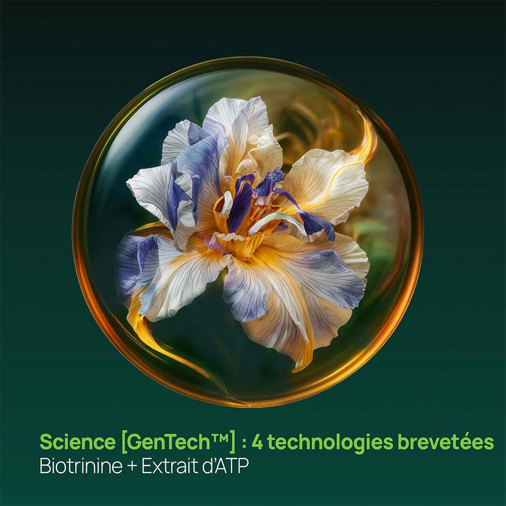 Fleur dans un cercle doré. Texte: Science [GenTech].