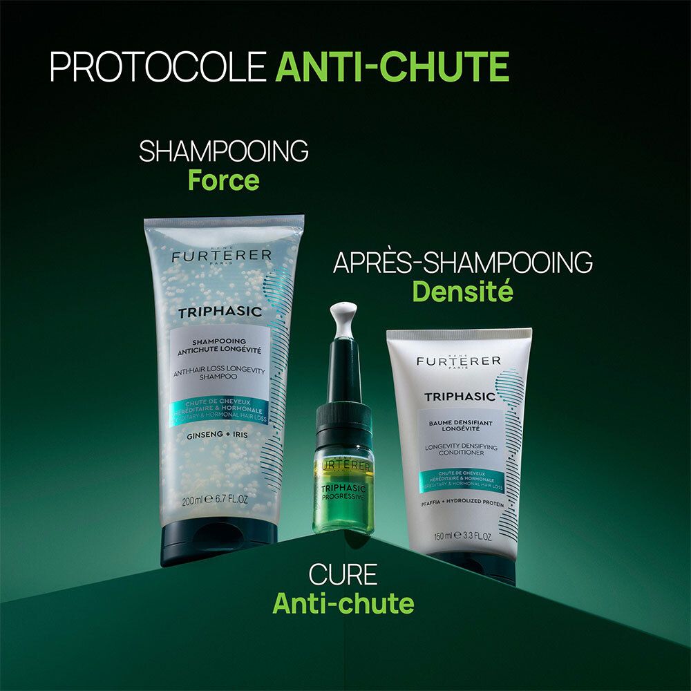 Trois produits. Texte: PROTOCOLE ANTI-CHUTE. Shampoing, ampoule, baume.