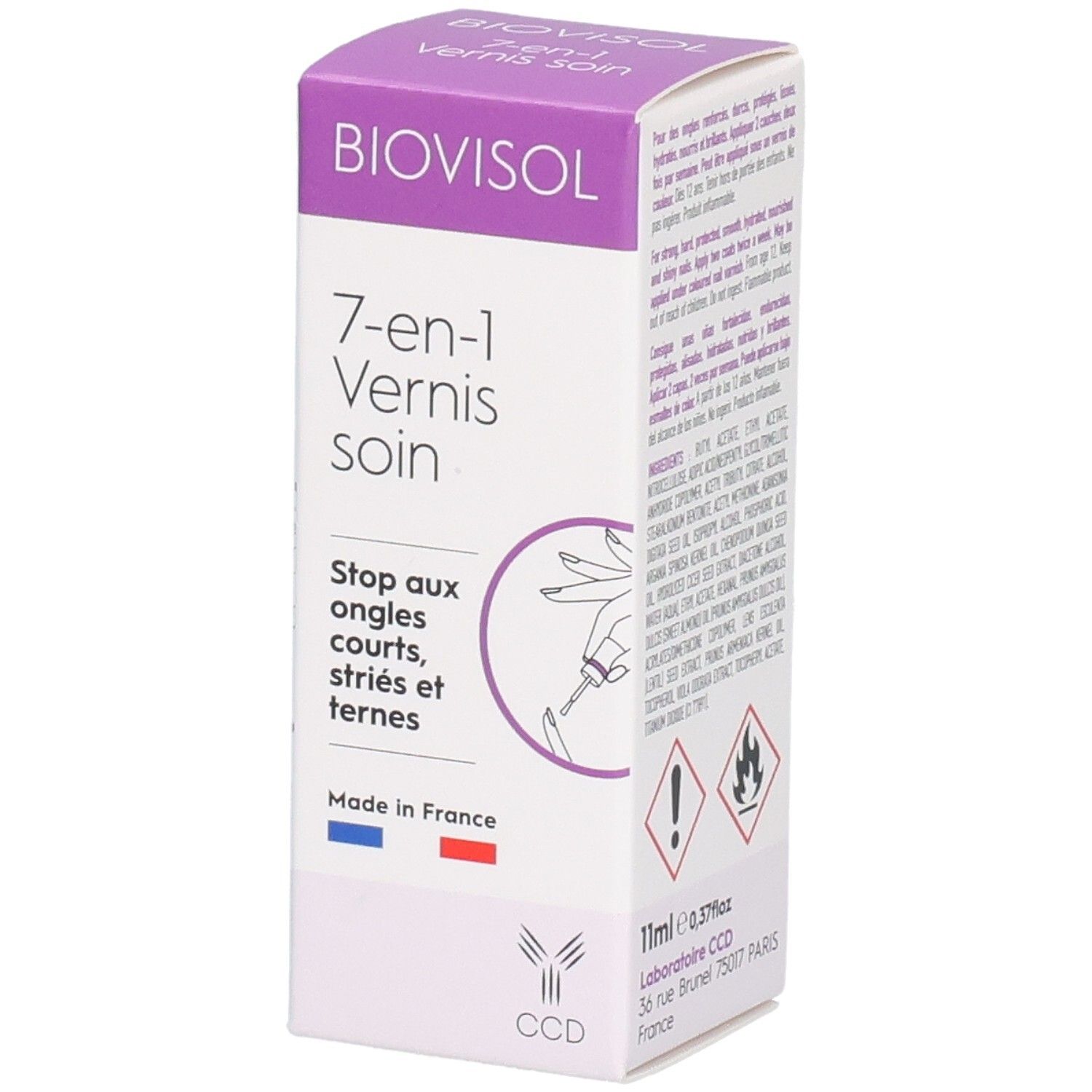 Boîte BIOVISOL 7-en-1 Vernis soin. Inscription: 7-en-1 Vernis soin, Stop aux ongles courts, striés et ternes. Drapeau français.