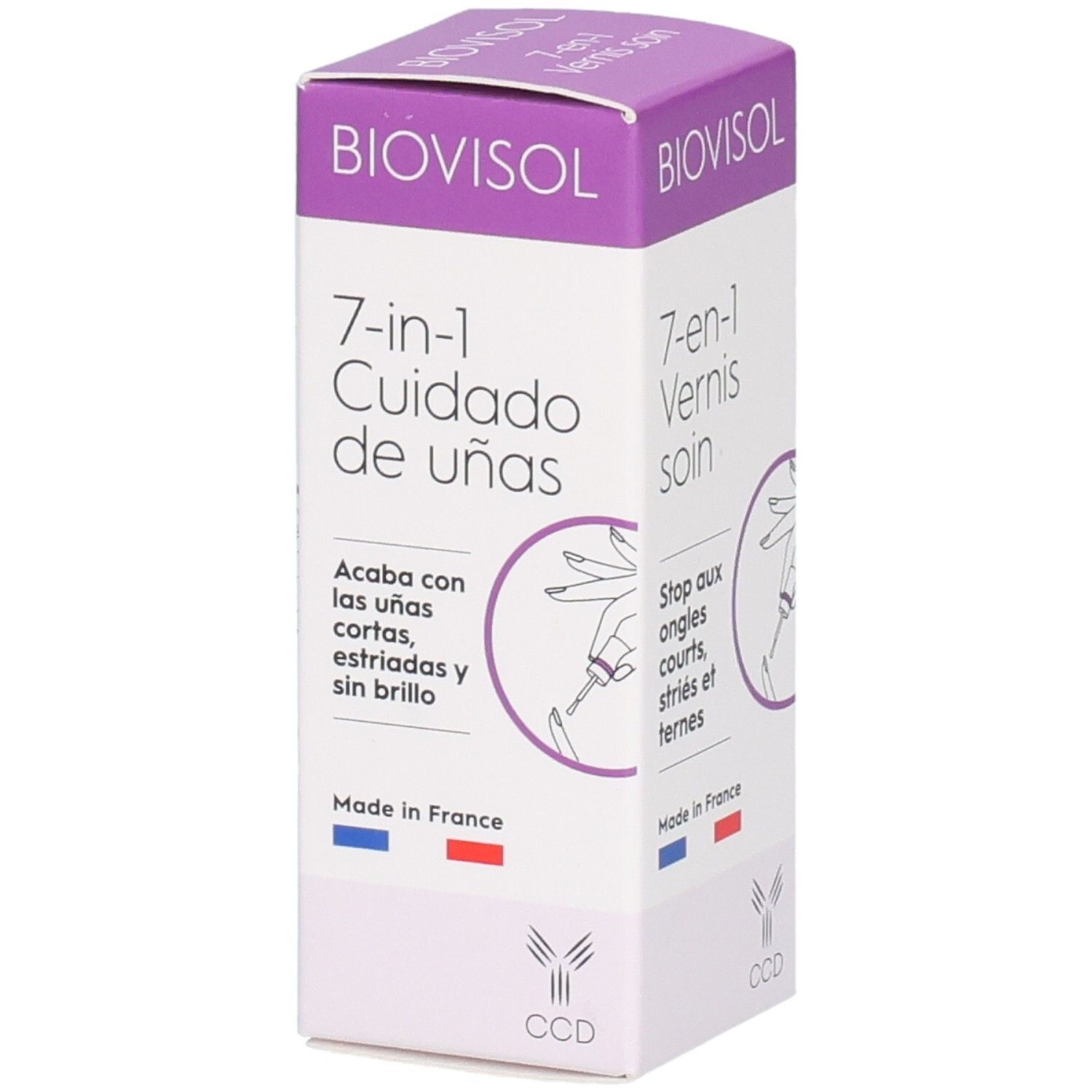 Boîte BIOVISOL 7-en-1 Cuidado de uñas. Inscription: 7-en-1 Cuidado de uñas, Acaba con las uñas cortas, estriadas y sin brillo. Drapeau français.