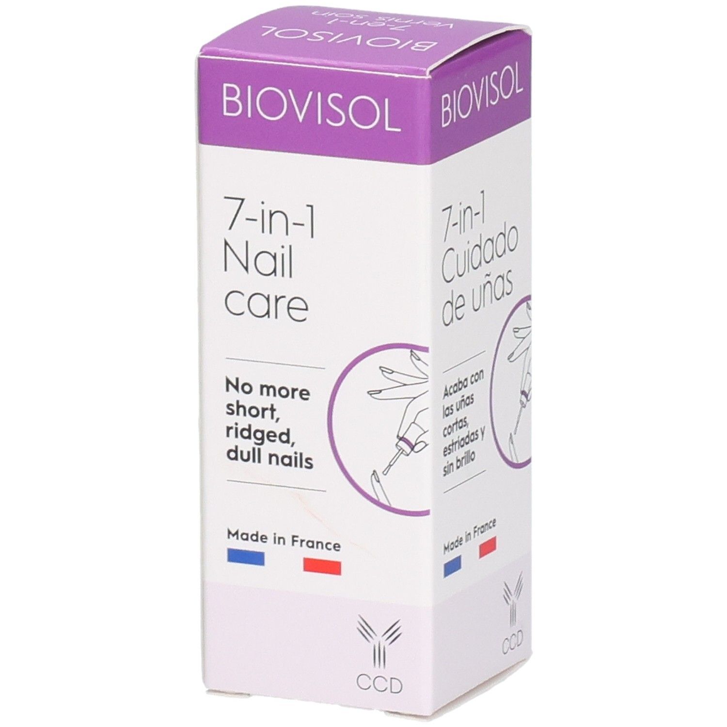 Boîte BIOVISOL 7-en-1 Nail care. Inscription: 7-en-1 Nail care, No more short, ridged, dull nails. Drapeau français.