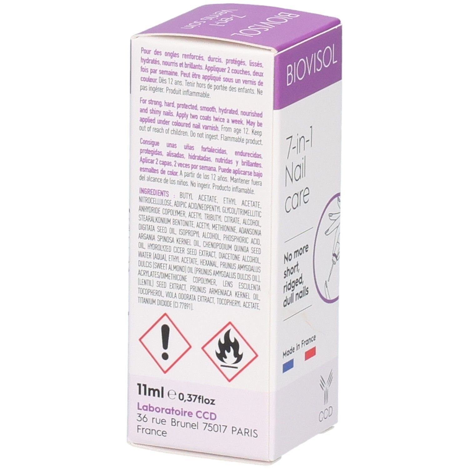 Boîte BIOVISOL 7-en-1 Nail care. Dos avec ingrédients et avertissements. Inscription: 11ml, 0,37fl oz. Laboratoire CCD.