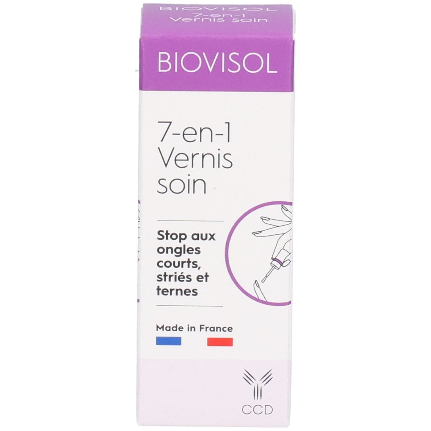Boîte BIOVISOL 7-en-1 Vernis soin. Inscription: 7-en-1 Vernis soin, Stop aux ongles courts, striés et ternes. Drapeau français.