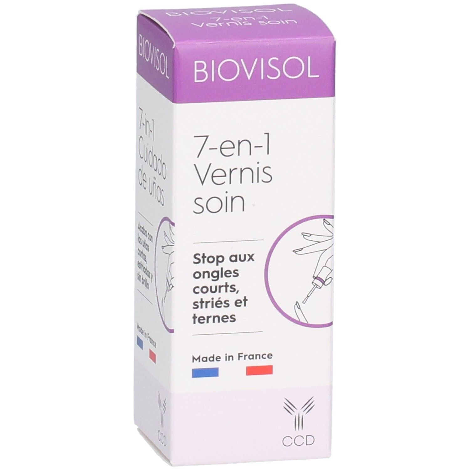 Boîte BIOVISOL 7-en-1 Vernis soin. Inscription: 7-en-1 Vernis soin, Stop aux ongles courts, striés et ternes. Drapeau français.