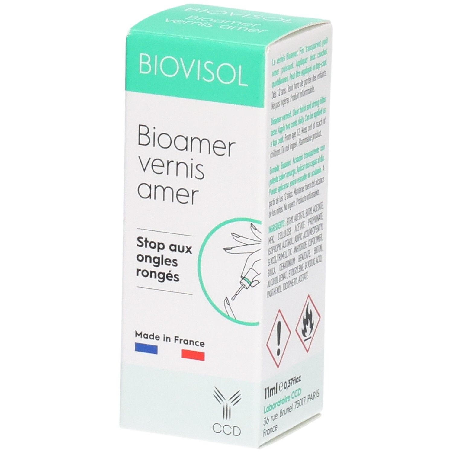 Boîte BIOVISOL Bioamer vernis amer. Inscription: Stop aux ongles rongés. Fabriqué en France. 10ml.