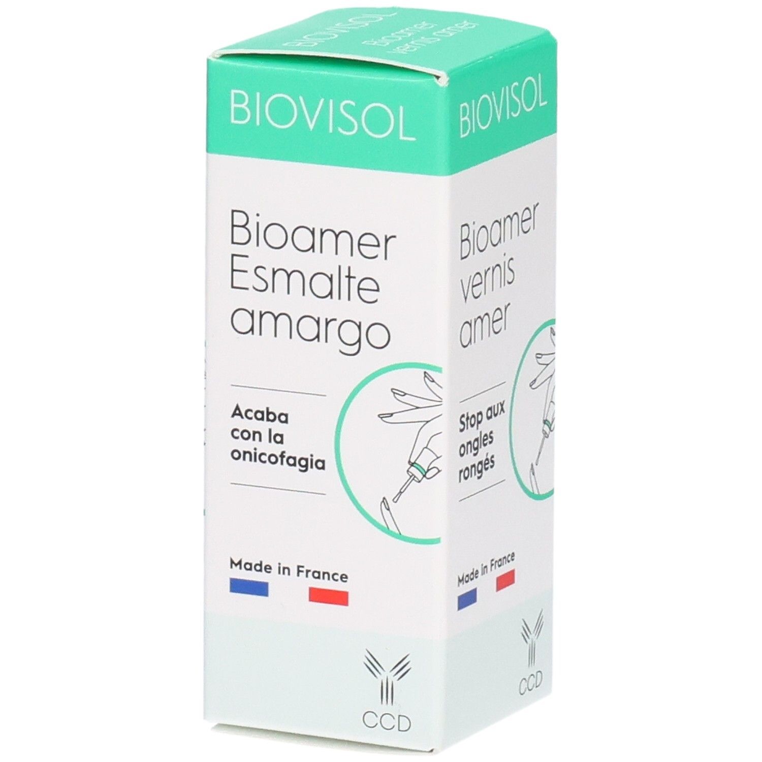 Boîte BIOVISOL Bioamer Esmalte amargo. Inscription: Acaba con la onicofagia. Fabriqué en France. Logo CCD.