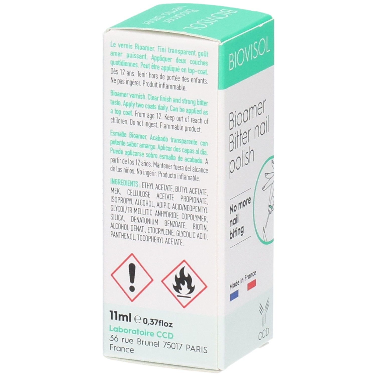 Boîte BIOVISOL Bitter nail polish. Dos avec ingrédients, avertissements et adresse du fabricant. 11ml.