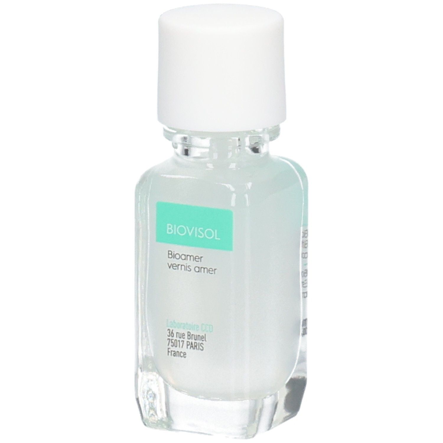 Flacon BIOVISOL avec bouchon blanc. Inscription: Bioamer vernis amer. Adresse du fabricant. Liquide clair.