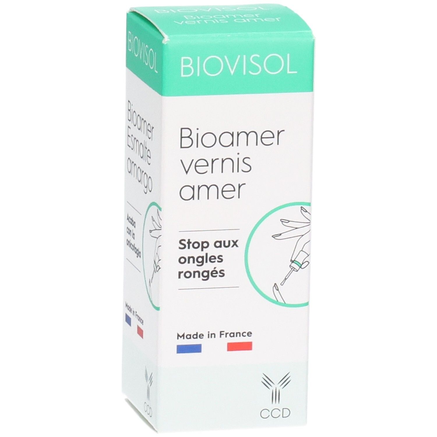 Flacon BIOVISOL avec bouchon blanc. Inscription: Bioamer vernis amer. Adresse du fabricant. Liquide clair.