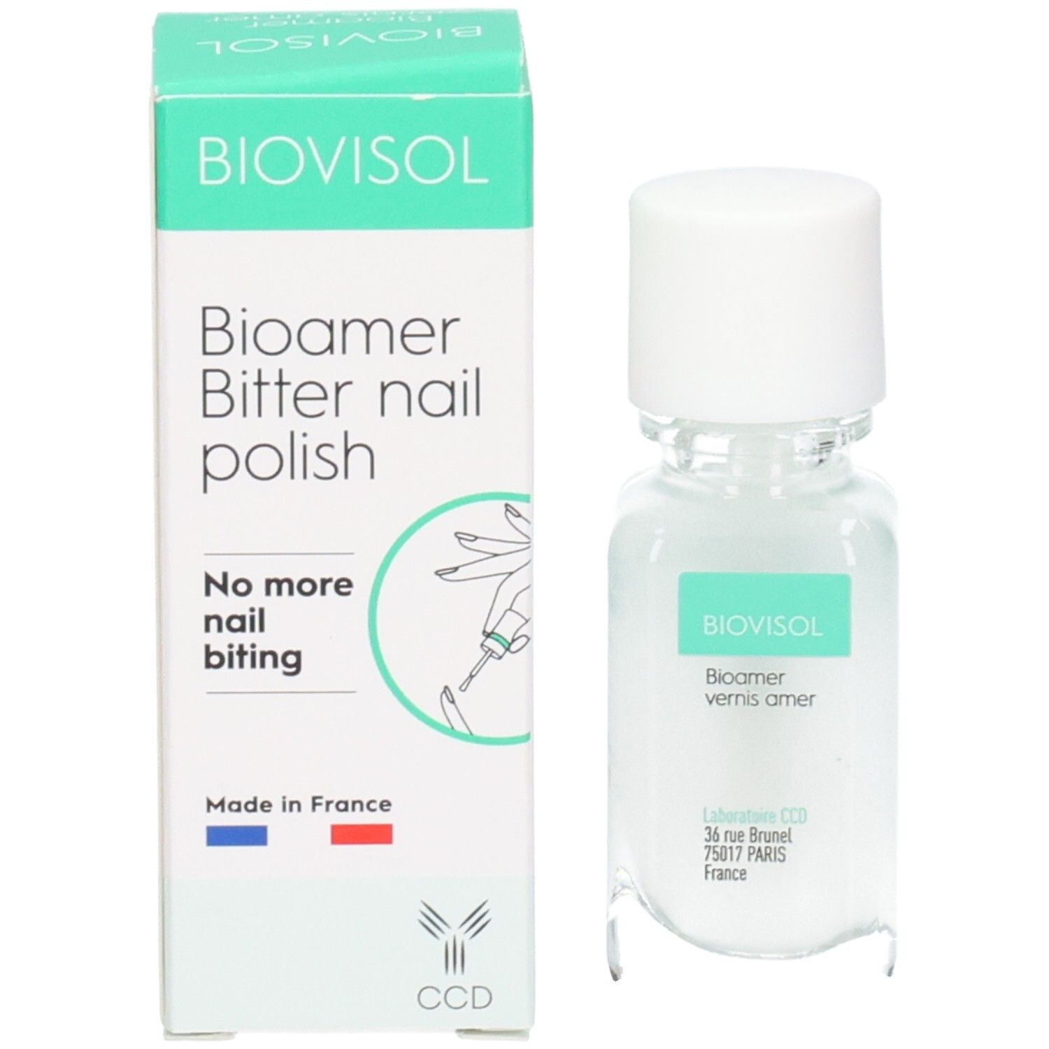 Flacon et boîte BIOVISOL Bitter nail polish. Inscription: No more nail biting. Adresse du fabricant. 11ml.