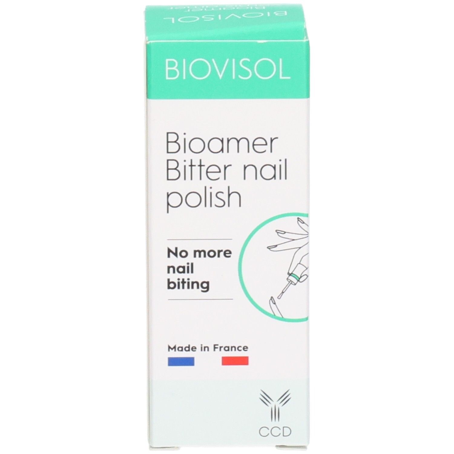 Boîte BIOVISOL Bitter nail polish. Inscription: No more nail biting. Fabriqué en France. Logo CCD.