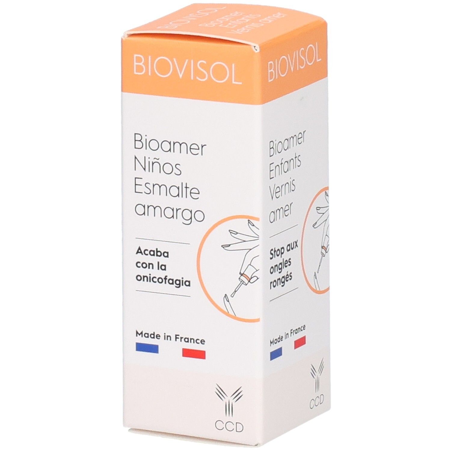 Boîte BIOVISOL. Texte: Bioamer Niños Esmalte amargo. Acaba con la onicofagia. Drapeau français et logo.