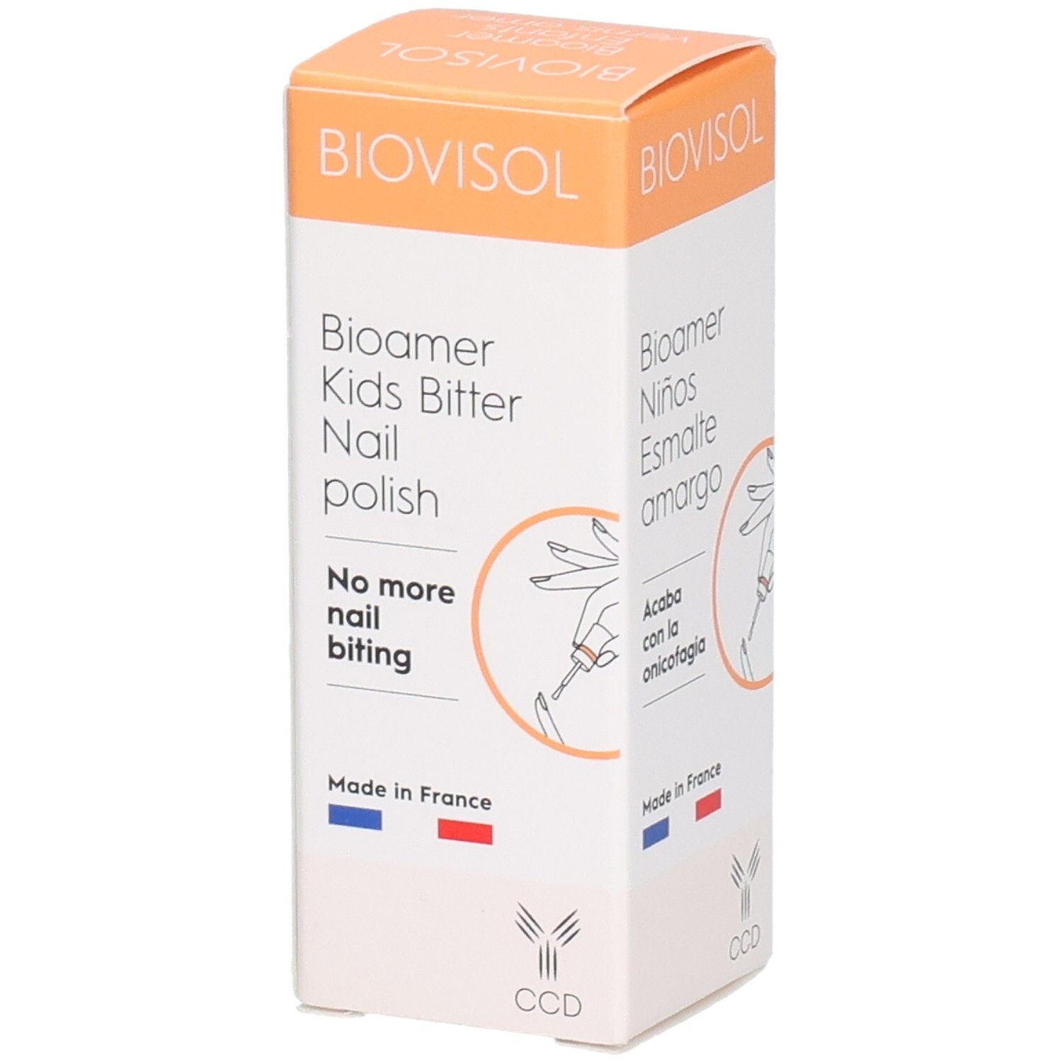 Boîte BIOVISOL. Texte: Bioamer Kids Bitter Nail polish. No more nail biting. Drapeau français et logo.