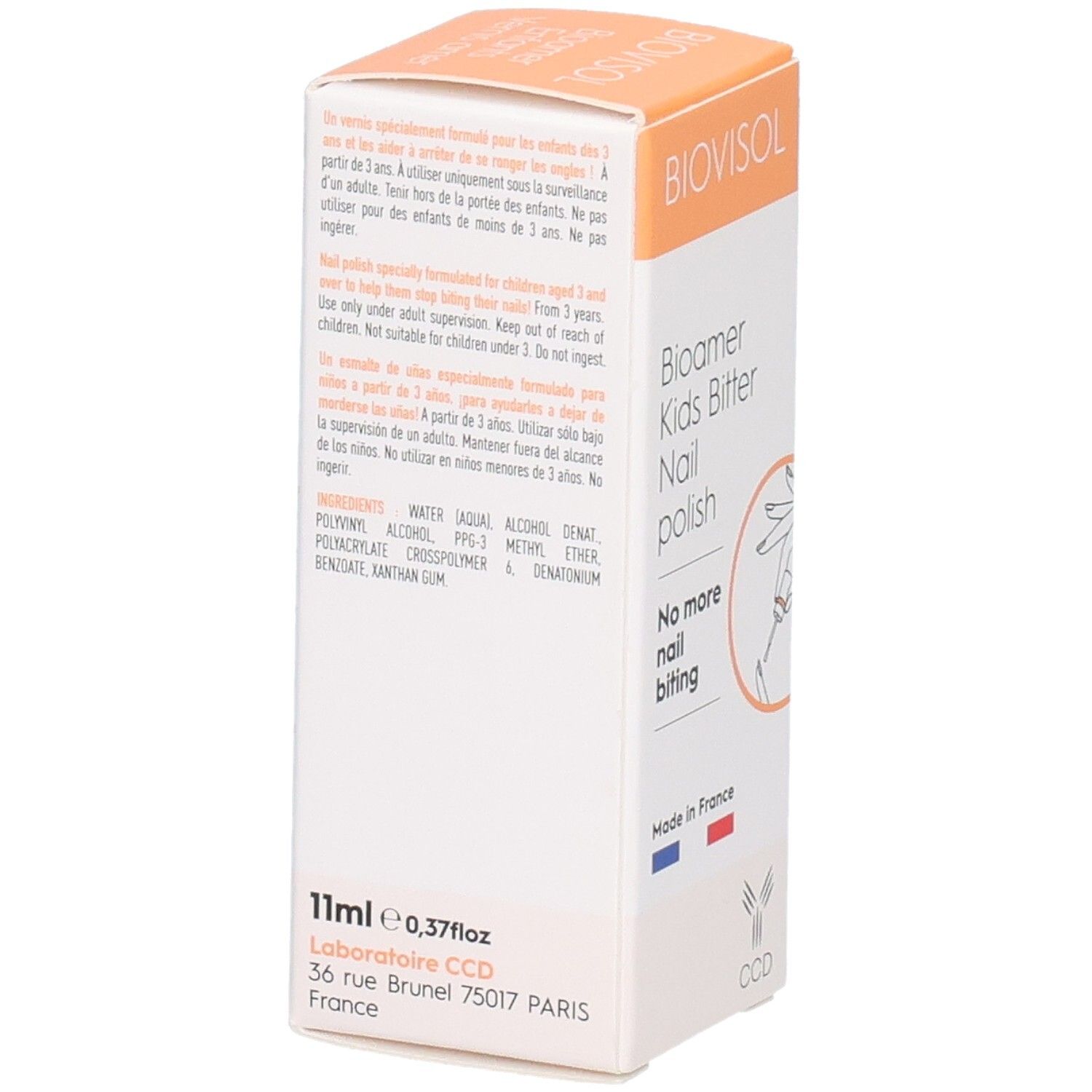 Boîte BIOVISOL. Texte: Bioamer Kids Bitter Nail polish. No more nail biting. Contient 11ml.
