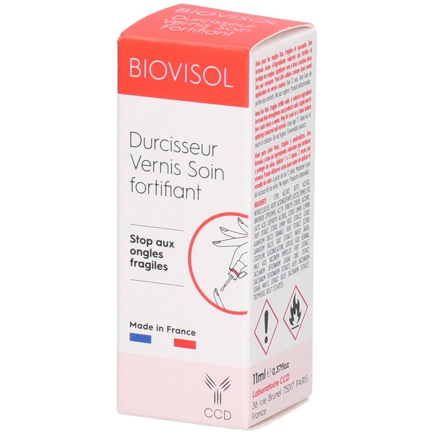 Boîte BIOVISOL. Inscription: Durcisseur Vernis Soin fortifiant. Stop aux ongles fragiles. Fabriqué en France. Contient des avertissements.